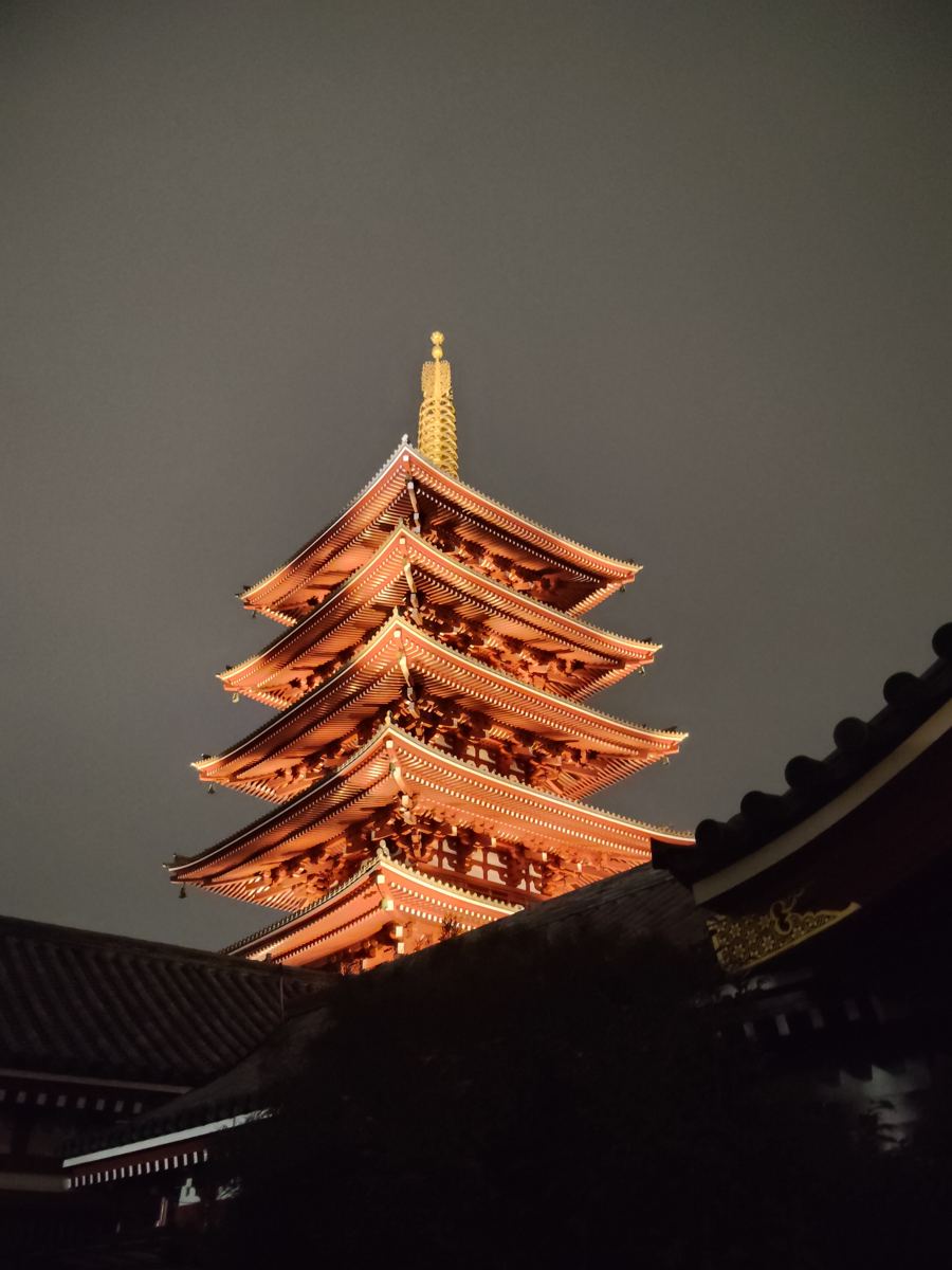Five-storey pagoda of Senso-ji lit at night